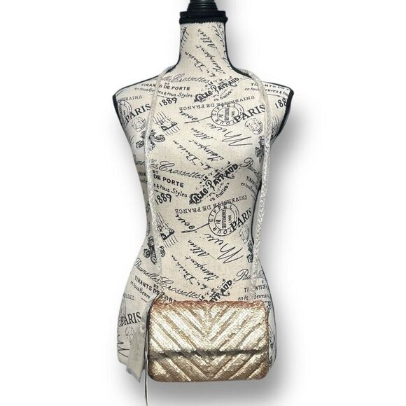 Nicole Miller Gold Sequin Chevron Crossbody Bag Chain Strap Purse NWT - Picture 9 of 12